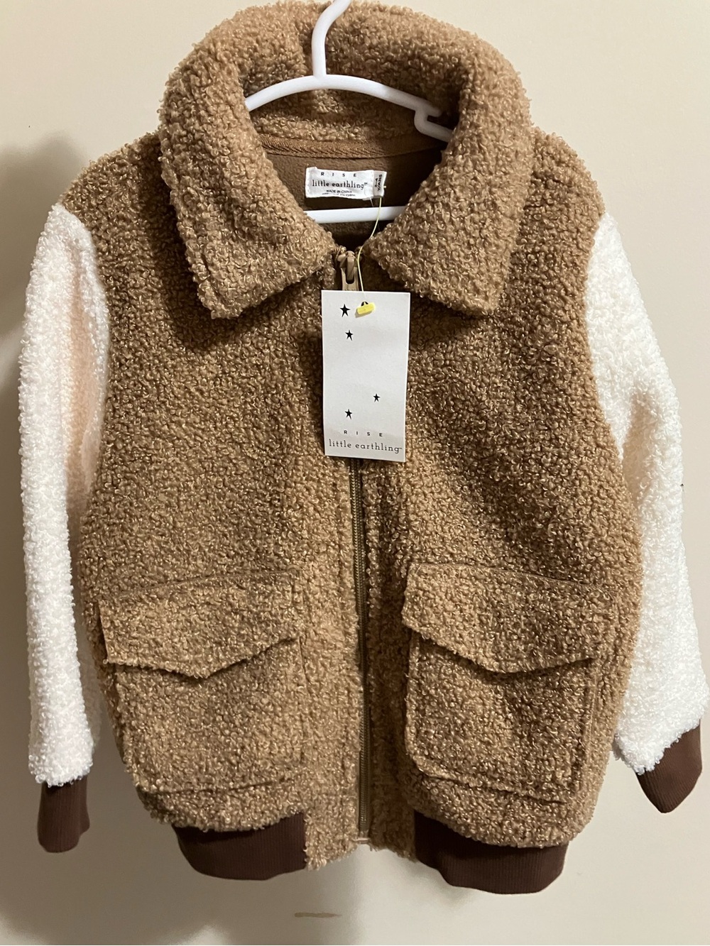 Rise little earthling Sherpa jacket neutral brown cream colour block 3T 4T NEW